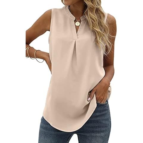 Famulily Womens Chiffon Tank Tops Pleated V Neck Sleeveless Summer Shirts Blouse Loose Casual Vest Tops Beige M Cover
