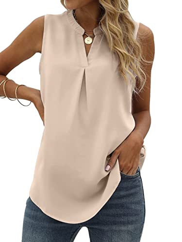 Image of Famulily Women's Chiffon Vest Pleated V Neck Tank Tops Sleeveless Shirts Loose Summer Tops (M, Beige)