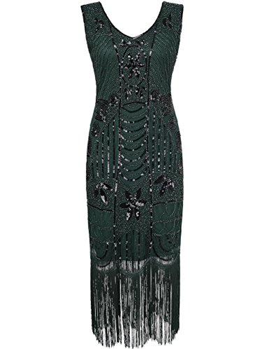 PrettyGuide Women's 1920s Gatsby Sequin Art Deco Fringed Cocktail Flapper Dress XXL Green