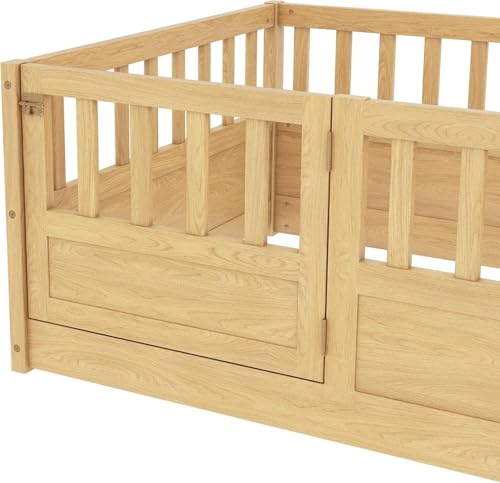 Image of Bellemave Twin Size Kids Montessori Floor Bed,Solid Wood Floor Bed Frame with High Fence and Lockable Door for Kids,Girls,Boys,Twin,Natural
