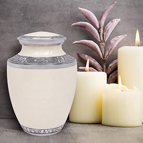Image of ALPHA Living HOME Cremation Urns for Human Ashes - Adult Memorial Urn - Metal Funeral Urn with Elegant Finish - Secure Screw-Top Lid - Durable, Decorative Urn for Home 10.5 inch (Ivory Silver)