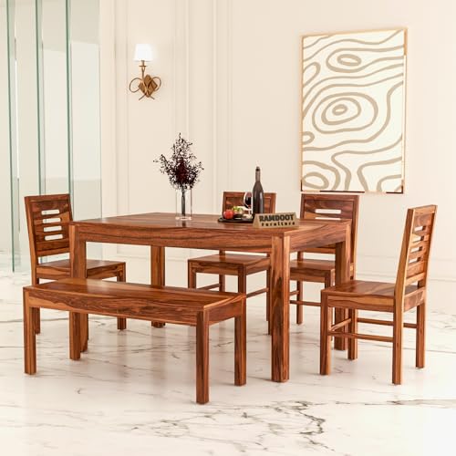 Solid Sheesham Wood Dining Table Set 6 Seater | Six Seater Dining Table 6 Seater with 4 Chairs & 1 Bench for Living Room | 6 Seater Dining Set for Hotel Restaurant Dinning Room|Honey