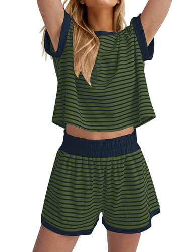 Image of Burtell Women Summer 2 Piece Lounge Sets Striped Short Sleeve Tee Shirts Mini Shorts Loungewear Shorts Set Ribbed Pajama Set