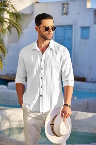 Image of DEELMO Men's Button Down Dress Shirts Textured Long Sleeve Casual Hawaiian Beach Shirt