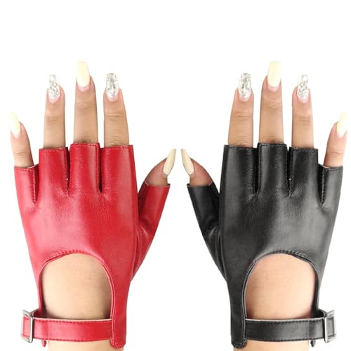 2 pares de luvas de meio dedo estilo punk, luvas de couro de pu, luvas simples de moda, acessórios de roupa, luvas de desempenho (preto, vermelho), Preto