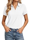 MAGCOMSEN Women's Polo Shirt Dry Fit UV Protection UPF 50+ Golf Shirts Breathable Tennis Short Sleeve V Neck White,M