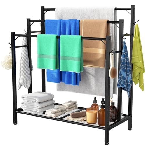 HavenlyYouth 3 Tier Towel Rack with Large Storage & 6 Hooks, Blanket...