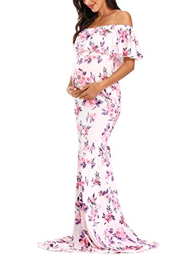 Glampunch Womens Off Shoulder Maternity Dress Ruffles Elegant Slim Gowns Fit Maxi Photography Dress #TOP13