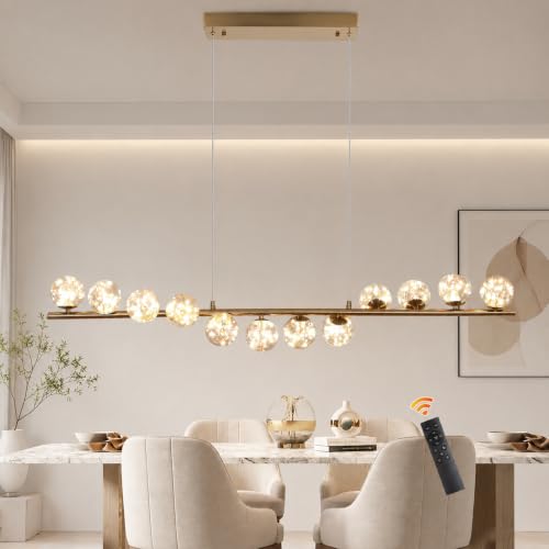 Image of GEADI Modern Globe Chandelier Ceiling Light 120CM, 12 Lights Dimmable Glass Gold Ball Chandeliers, 50W Hanging Lights with Remote for Dining Room, Living Room, Lounge