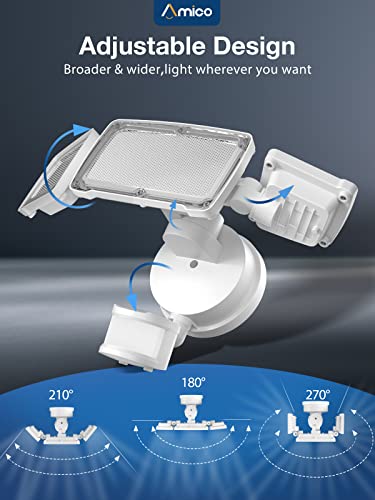 Amico 3 Head Led Security Lights With Motion Sensor, Adjustable Motion Detected Flood Light 40W 4000Lm, 5000K, Ip65 Waterproof, Outdoor Motion Sensor Light For Garage, Yard, Entryways(White) #TOP3