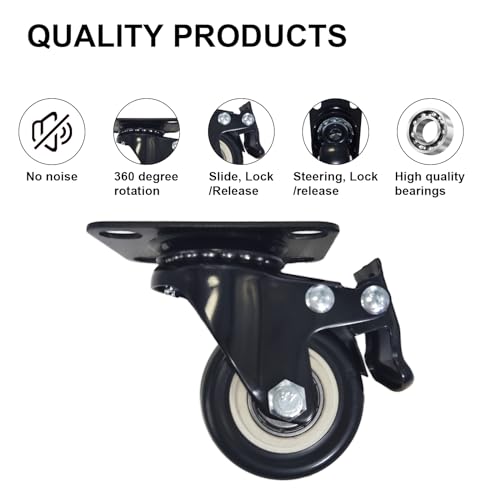 Htudcoue H-010 2 Inch Wheel Casters,Set Of 4 Heavy Duty Casters,With Brake,No Noise Locking Polyurethane (Pu) Wheels thumb #2