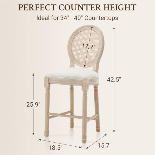 Butacos de Bar French Country, Altura de Encimera 26", Asiento Tapizado en Lino y Espalda de Ratán, Sillas de Madera para Cocina, Bar, Comedor y Café, Color Beige miniatura 2