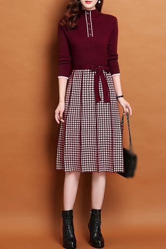 Image of LAI MENG FIVE CATS Women's Elegant Long Sleeve Sweater Plaid Knit Pullover Fall Midi Dress