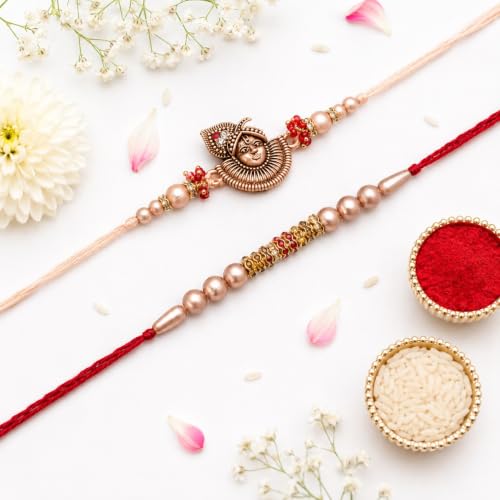 Image of eCraftIndia Multicolor Kundan Designer Rakhis for Brother and Bhabhi | Bhaiya Bhabhi Rakhi Set of 2