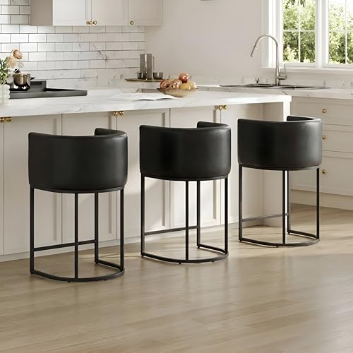PU Leather Bar Stools Set of 3, 24" Counter Height with Black Metal Base