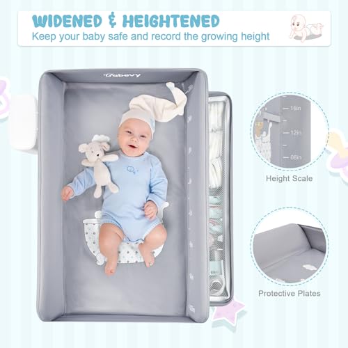 Portable Baby Changing Table, Babevy Foldable Diaper Change Table with Wheels, Adjustable Height, Cleaning Bucket, Changing Station for Infant Mobile Nursery Organizer for Newborn, Grey