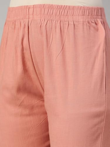 Image of MINELLI Women Solid Cigar Pants, Cotton Lycra Slub Fabric, Elasticated Waistband, Pull On Style, Regular Fit Bottom Wear for Western and Ethnic Wear