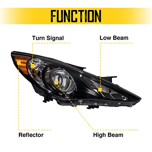 PHILTOP Headlight Assembly for 2011 2012 2013 2014 Hyundai Sonata, Black Housing with Amber Reflector & Clear Lens, Halogen Headlamp OE Replacement Driver & Passenger Side by PHILTOP - Image 3