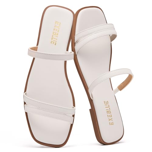 EXEBLUE Women's Square Toe Slide Sandals, Two Strap Flat Slip On Sandals Casual Open Toe Summer Dress Slippers by EXEBLUE - Used condition - US$18.71