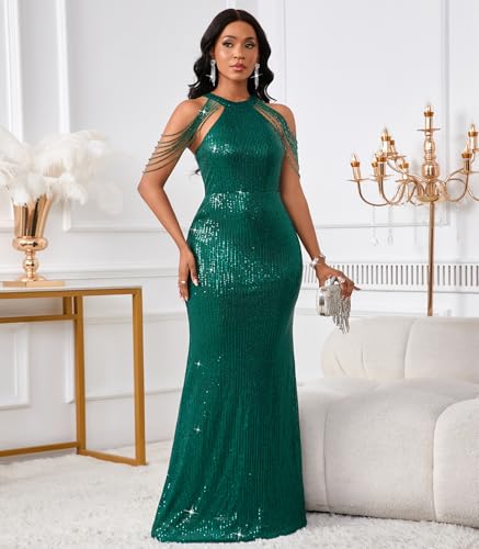Image of Cololura Women Sexy Elegant Sequin Tassel Off Shoulder Halter Bodycon Maxi Dress Party Evening Gown Formal Dress