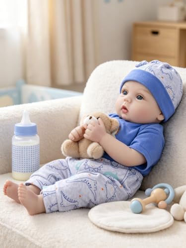 Image of EKOKIZ 18 Inch Reborn Baby Boy Doll - Realistic Blue Eyes Realistic Baby Doll with Dinosaur Outfit, Pacifier & Bottle Gift Set for Kids 3+