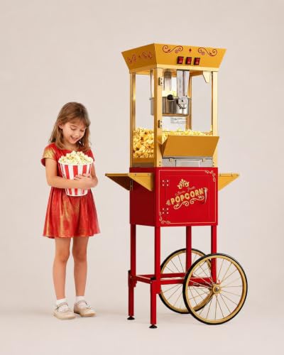 Image of 12 oz Commercial Popcorn Machine Cart, Popcorn Maker Machine with Stainless-Steel Kettle Makes Up to 48 Cups, Movie Theater Pop Corn Machine with 3-Switch Control & Tempered Glass Doors, Red