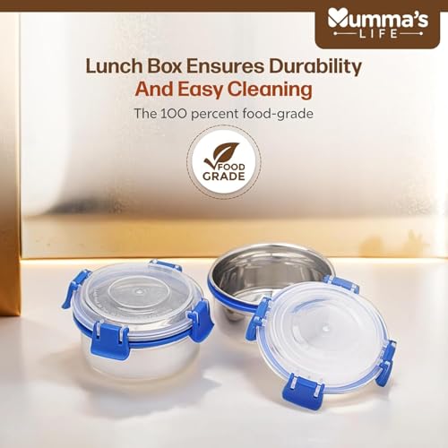 Image of Mumma's LIFE Stainless Steel Lunch Box with 3 Leakproof Air-Tight Stainless Steel Round Containers and Cover Bag | Stainless Steel & Spill Proof Lunch Box (Foodie 350ml X 2)