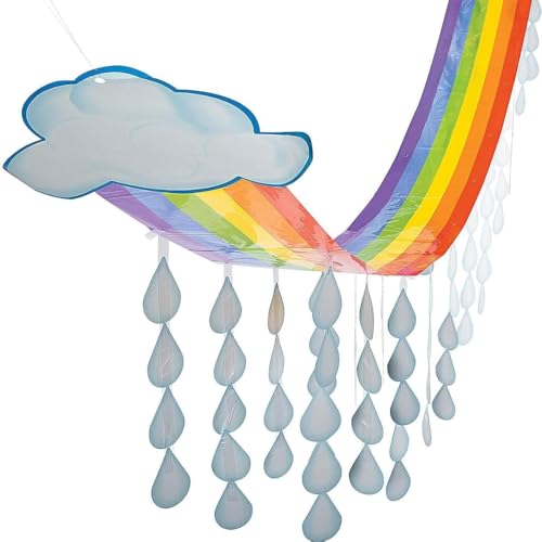 Fun Express Rainbow Cloud & Raindrops Ceiling Hanging Decorations 12 Ft x 32' - Spring Classroom Decor for Party, Daycare & Sunday School | Colorful Paper Decorations for Kids Events