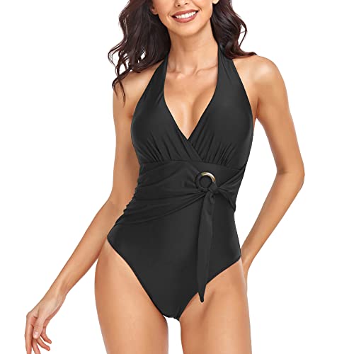 Husmeu Damen Badeanzug Badeanzüge Bauchweg Einteilige Bademode V-Ausschnitt Monokinis, Swimsuit Frauen One Piece Push Up Badeanzüge Plus Size Swimsuits for Women,XXL Schwarz Cover