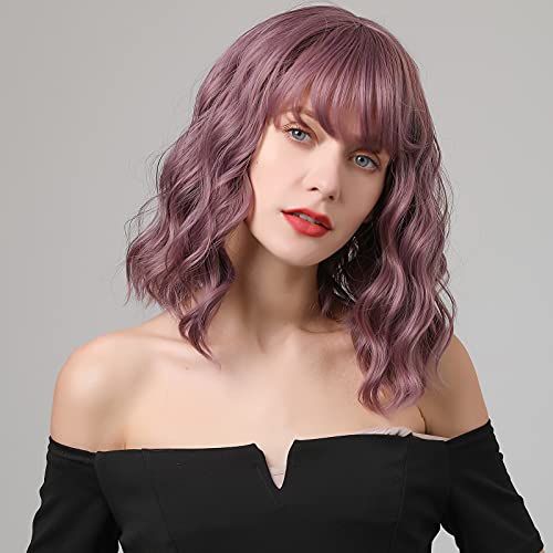 ZURO Purple Bob Wig With Bangs Deep Wave Short Hair Wigs for Women Hot Pink Dark Brown Black Blonde Ombre Synthetic Shou