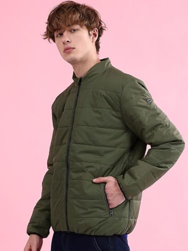 Image of The Indian Garage Co Men Olive Regular Fit Solid Quilted Puffer Jacket (Olive L)