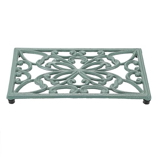 SUMTree Rectangle Cast Iron Trivet, Decorative Heavy Duty Hot Pot Holder Mat, Vintage Butterfly Pattern Cast Iron Trivet with Rubber Pegs for Kitchen Dining Table (Green)