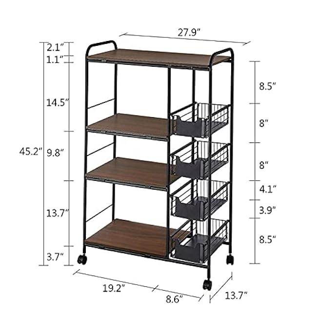 4-Tier Kitchen Storage Shelf 360¡ã Rolling Display Storage Rack Trolley with 4 Push-Pull Drawers, Utility Cart Metal Basket with Wheels, Fruit Vegetable Basket Rack Storage Bins Shelf for Home Kitchen-A9UkSRUv