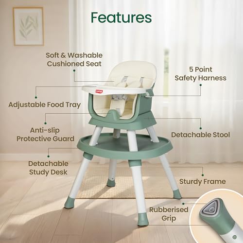 Image of Luvlap Imperial 6in1 Baby High Chair with Learning Table & Stool, Booster Chair with Food Tray, 5 Point Harness, Foldable and Compact Travel Friendly, Baby Chair for 6 to 48 Month, Lightweight, Green