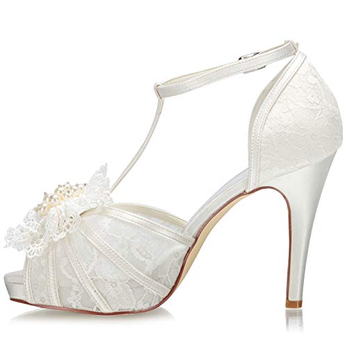 JIAJIA 154813 Women's Bridal Shoes Peep Toe 4.1'' High Heel Lace Satin Pumps Flower Wedding Shoes2