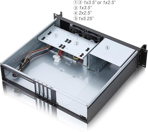 Gabinete Rackmount para Servidor 2U MicroATX / Mini-ITX, profundidad corta, con 1 bahía de 5.25", 3 bahías internas de 3.5" y 2 de 2.5", soporte para fuente ATX y ventilador de 120 mm o 80 mm miniatura 5