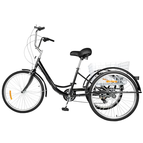 SuhoFutus Triciclo para adultos, 24 pulgadas, con cesta de la compra, bicicleta ajustable de 8 velocidades, carga máxima de 120 kg, para todo tipo de superficies de carretera