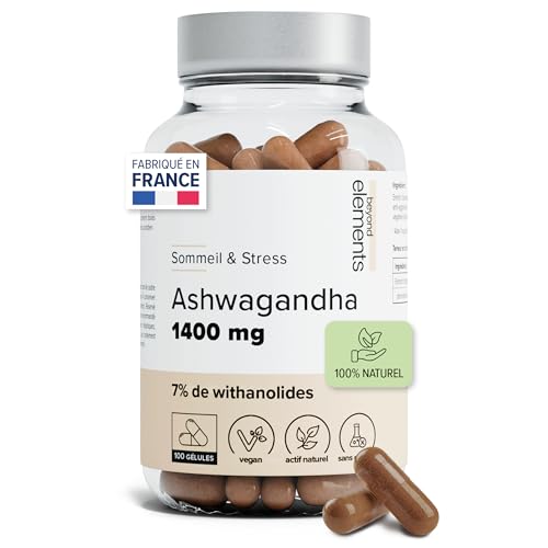Ashwagandha 1400mg - Extra Fort : 7% Withanolides - Anti Stress & Sommeil - Ashwagandha Pure - 100 Gélules Végétales - Vegan - Beyond Elements