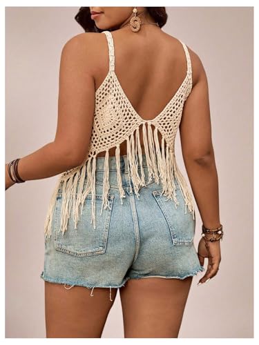 SHENHE Women's Plus Size Crochet Cover Up Sleeveless Hollow Out Fringe Beach Tank Coverups3