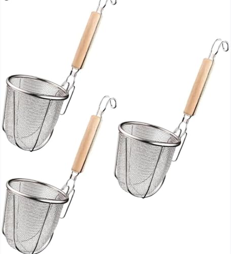 Cicqkks 3枚湯切り ラーメンてぼ キッチン用品 フック付き うどん 丸 ラーメン専用 ステンレス製 木柄 ラーメン専用 メッシュ てぼ こし器 麺 (木の柄*3)