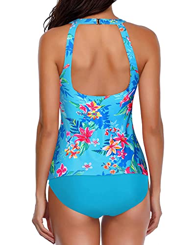 Holipick Blue Flower Tankini Bathing Suits for Women High Neck Tankini Top with Bikini Bottom Tummy Control Two Piece Swimsuit L - Thumbnail 2