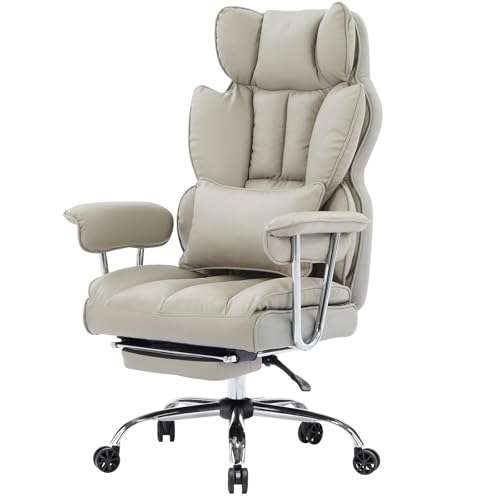 Image of Efomao Big and Tall Office Chair 400lbs - High Back Executive Chair with Swivel Base, PU Leather Upholstery, Lumbar Pillow, Padded Armrests, and Rolling Wheels,Grey Computer Chair