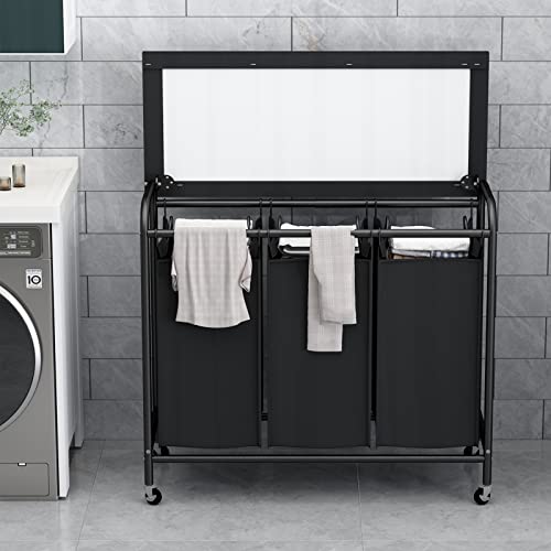 Linzinar 3-Bag Laundry Sorter Heavy Duty Rolling Lockable Wheels Laundry Hamper Cart With Ironing Board And Removable Bags, Black #TOP2