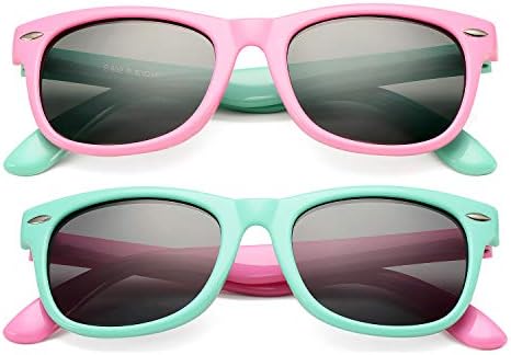 DeBuff Kids Polarized Sunglasses TPEE Rubber Flexible Frame for Boys Girls Age 3-10 (2 Pack - (Pink/Green+Green/Pink))