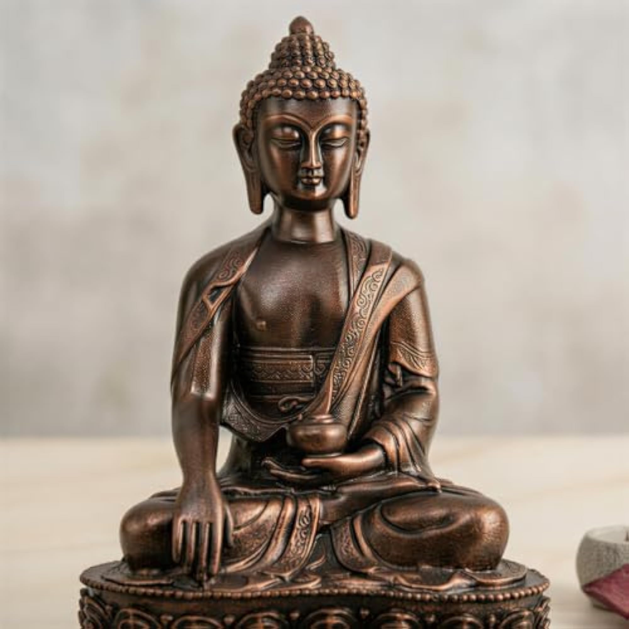 Meditating Sitting Buddha Idol Statue, Antique Copper Finish