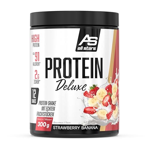 ALL STARS Protein Deluxe Whey Proteinpulver 300g Strawberry Banana- Leckerer Shake mit ca. 74g Eiweiß, 3 hochwertige Protein-Komponenten