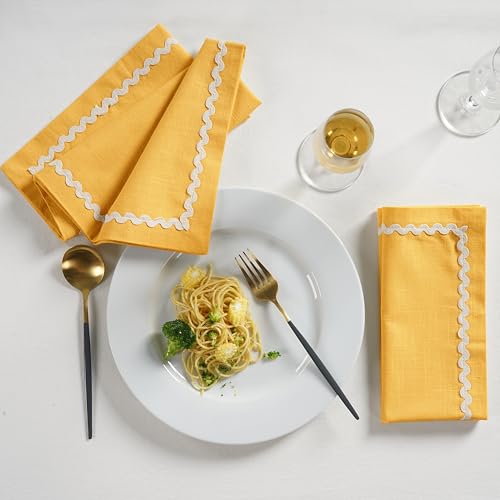 Image of FINGERCRAFT Cloth Napkins Set of 6, 18x18 Inch, 100% Cotton Table Napkins with RIC Rac Scallop Lace Trim, Reusable Washable Dinner Napkins for Wedding, Party, Dining & Home Decor (Yellow)