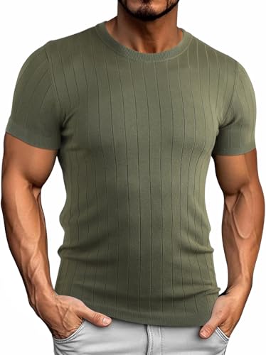 Genfien Camiseta de Manga Corta para Hombres Cuello Redondo Camiseta de Punto para Hombres Estilo Básico Color Sólido