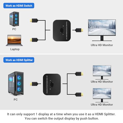 Switch HDMI 4K 60Hz Répartiteur Commutateur 2 Entrées 1 Sortie, Splitter HDMI 2.0 Bi-Direction, Compatible avec PS5 PS4 Xbox Lecteur Blu-Ray PC – vue 3