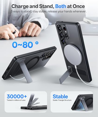 Image of Vihibii PC,Silicone For Samsung Galaxy S25 Ultra Magnetic Back Cover With Stand,[Compatible With Magsafe],Rugged Shockproof Protective Back,Translucent Matte Slim Fit Phone Case For 6.9 inch,Black